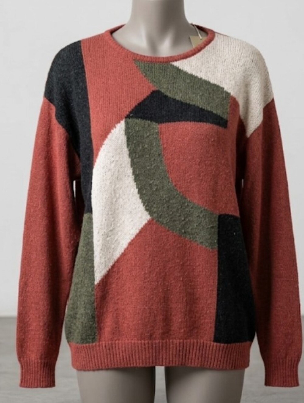 Geometric Colorblock Crewneck Sweater in Rust (Sz M) Vintage Retro Layer Knit